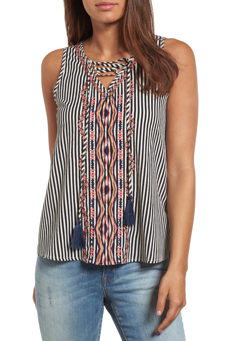 Tassel Tie Stripe Top, Main, color, BLACK