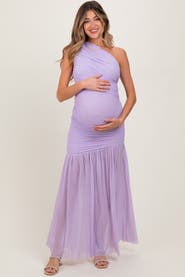 PinkBlush Ruched Mesh One Shoulder Maxi Dress