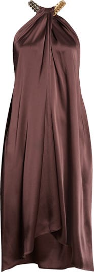 【送料&関税込】Stella McCartney Chocolate Satin Halter Jump Women Chocolate brown Chain Halterneck Satin Jumpsuit
