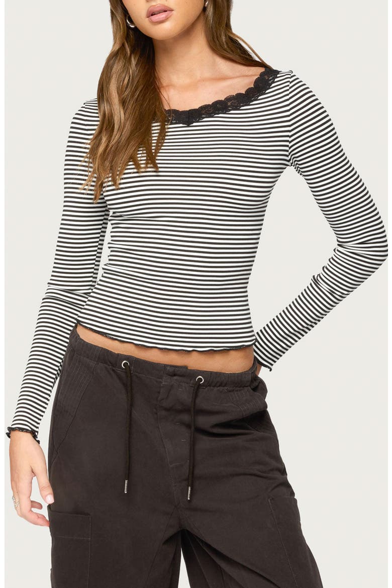 Jaela Lace Trim Striped Top, Main, color, BLACK-AND-WHITE