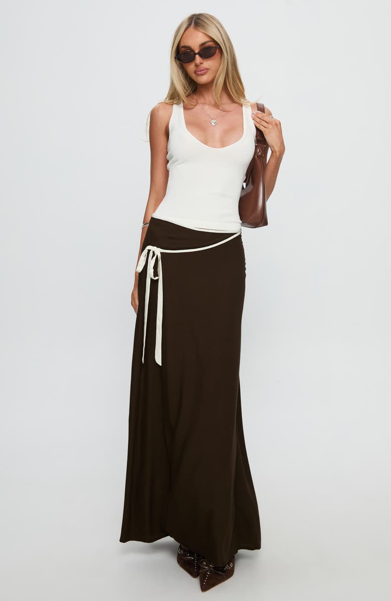 Princess Polly Keirah Contrast Binding Wrap Maxi Skirt, Alternate, color, Chocolate / White