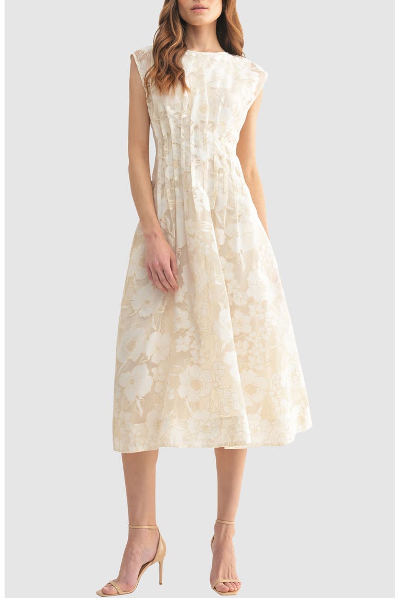Floral Cap Sleeve Cinched Waist Fit & Flare Midi Dress, Main, color, CREAM