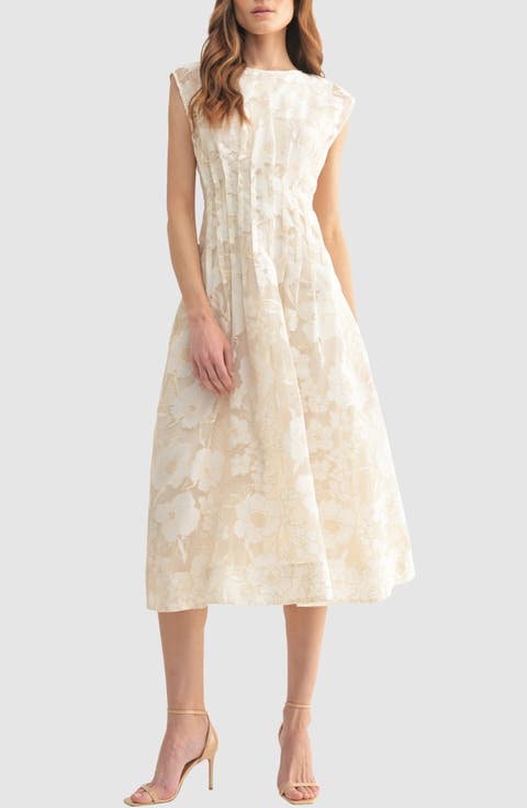 Floral Cap Sleeve Cinched Waist Fit & Flare Midi Dress
