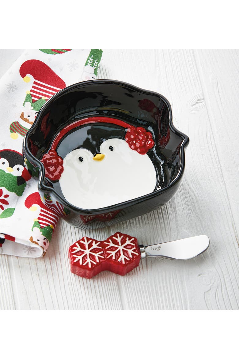 Christmas Penguin Bowl & Snowflake Spreader Set Multi Earthenware 21 oz, Alternate, color, Black