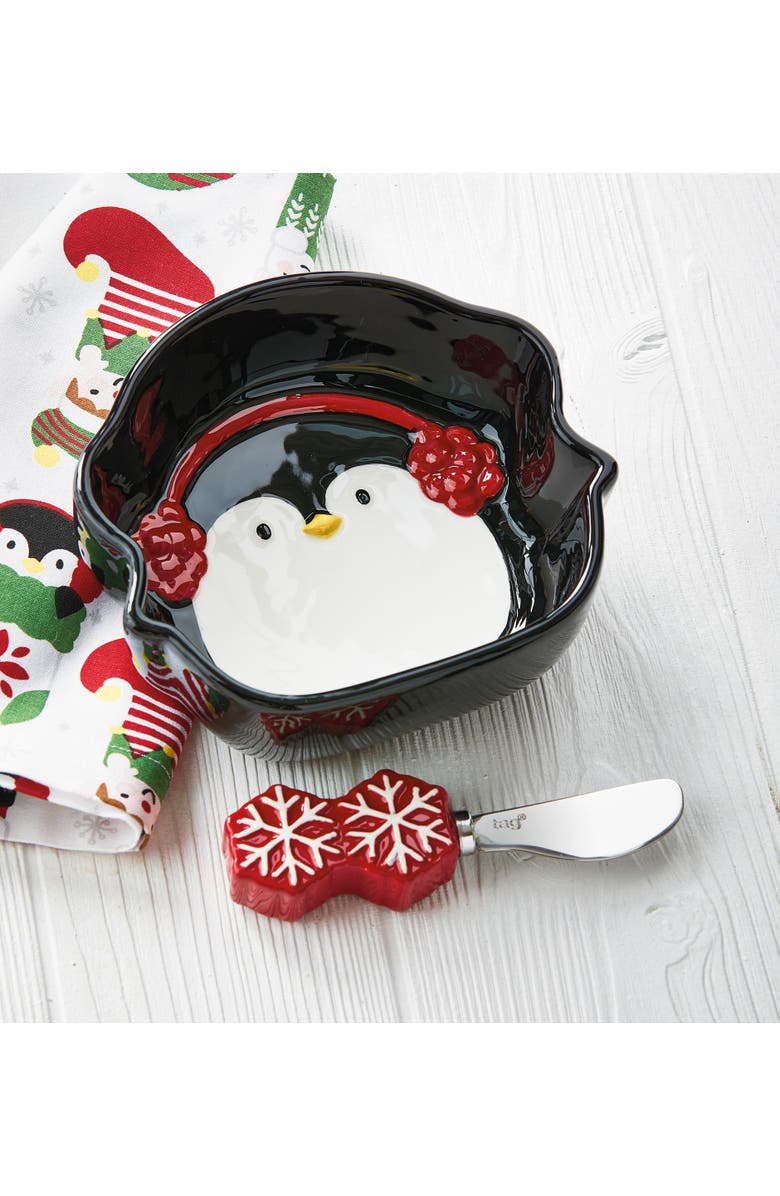 tag Christmas Penguin Bowl & Snowflake Spreader Set Multi Earthenware 21 oz, Alternate, color, Black