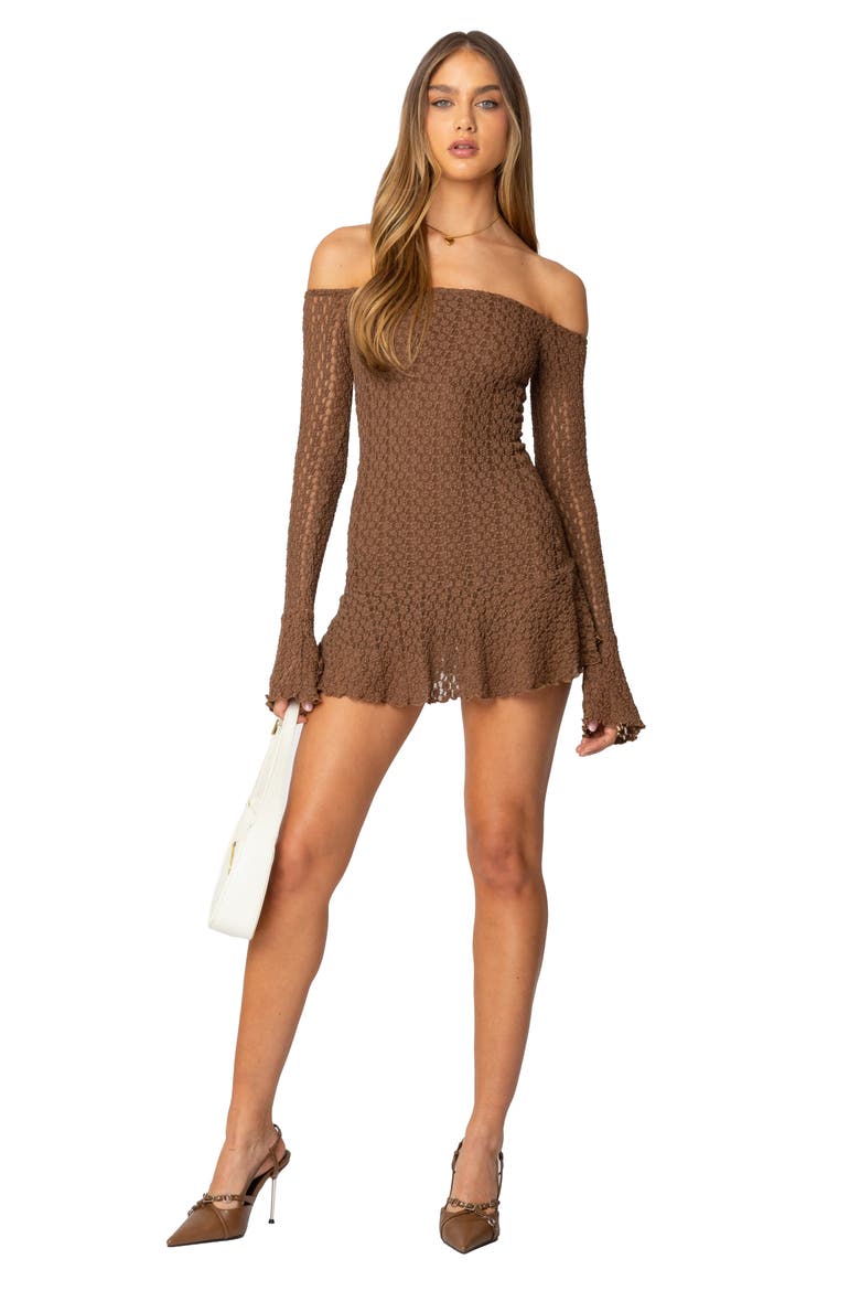 Mya Long Sleeve Off the Shoulder Lace Minidress, Alternate, color, BROWN