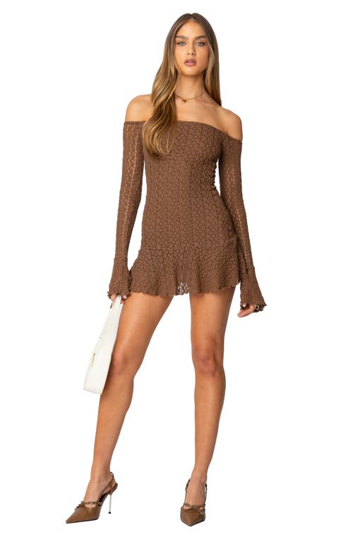Edikted Mya Long Sleeve Off The Shoulder Lace Minidress In Brown