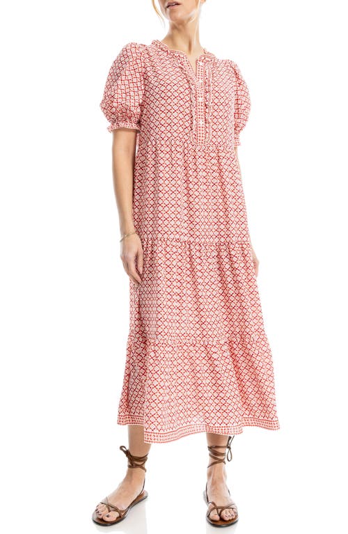Max Studio Puff Sleeve Tiered Midi Dress In Red/crm Chnml Geo