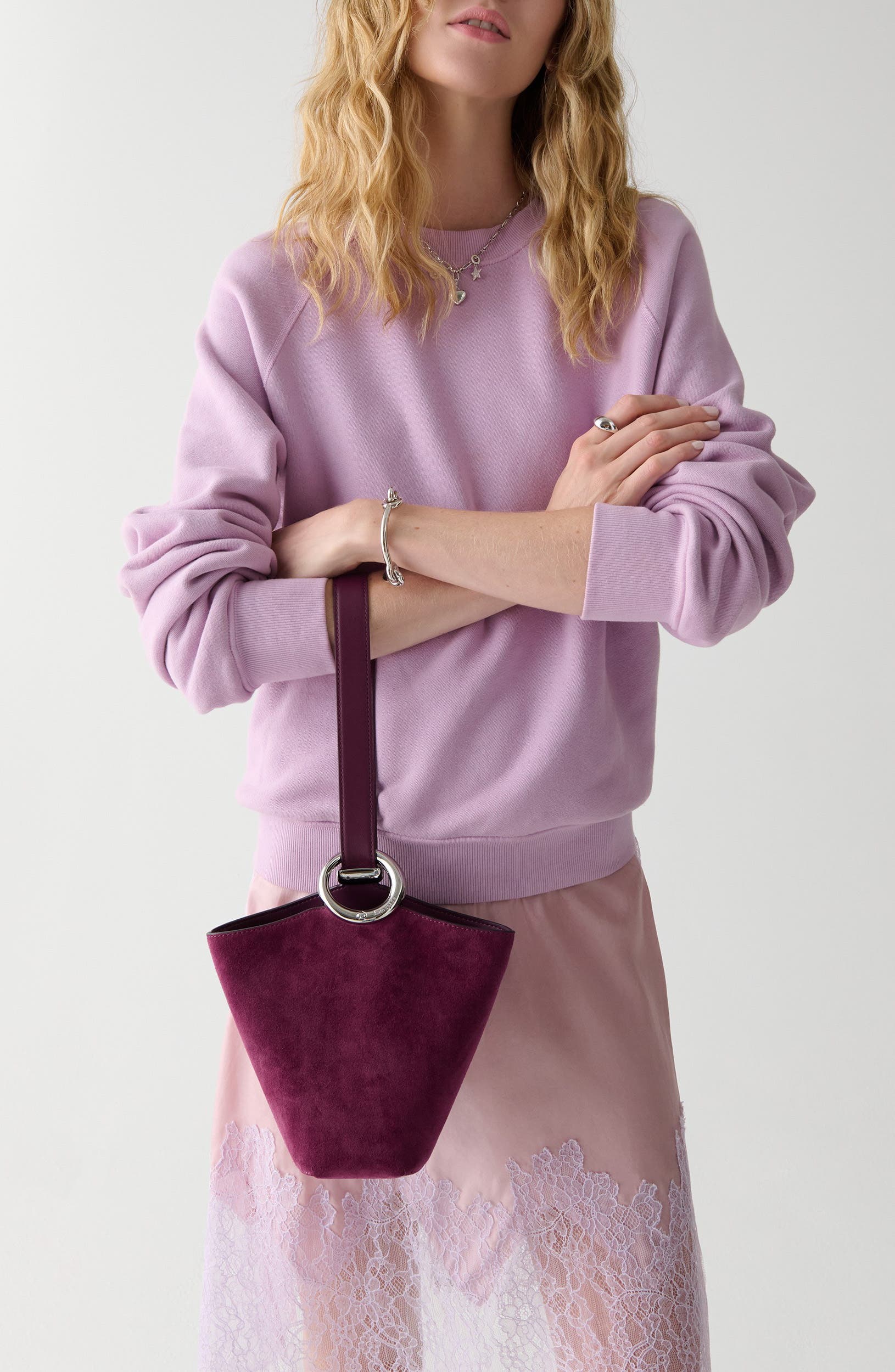 mini halo suede bucket bag, Alternate, color, PURPLE AGATE