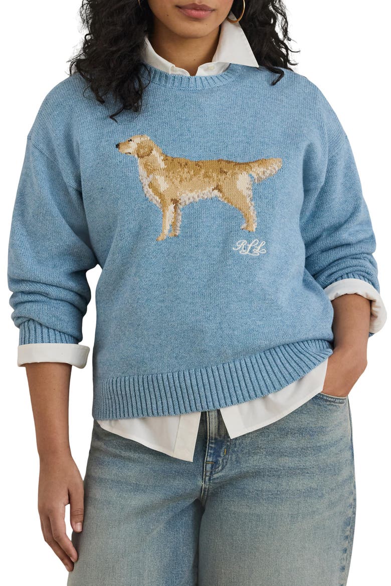 Golden Retriever Intarsia Cotton Sweater, Main, color, BLUE NOTE HEATHER MULTI