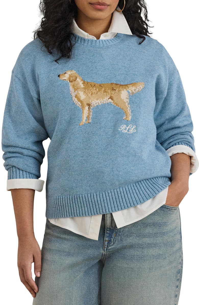 Lauren Ralph Lauren Golden Retriever Intarsia Cotton Sweater, Main, color, Blue Note Heather Multi
