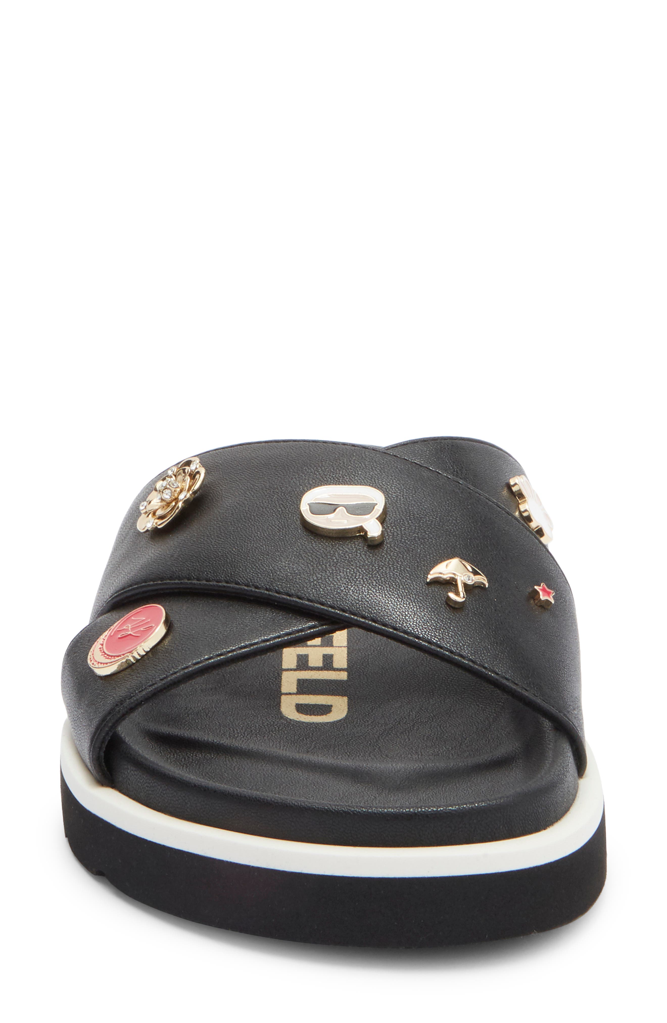 KARL LAGERFELD PARIS Embellished Crossover Strap Sandal, Alternate, color, Black