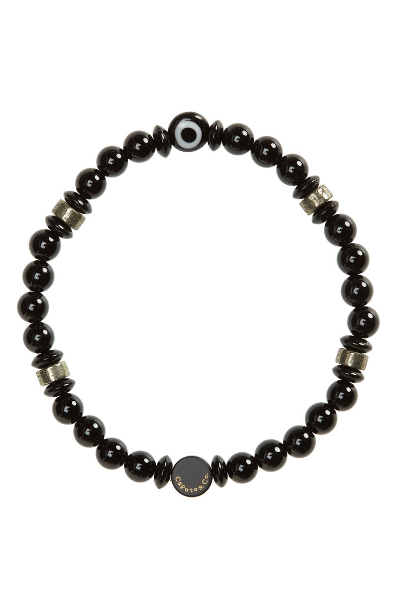 Caputo & Co. Men's Evil Eye Beaded Stretch Bracelet, Main, color, Black Onyx / Pyrite