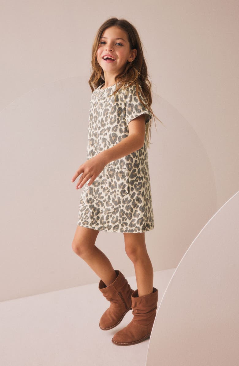 NEXT Kids' Leopard Print Denim Shift Dress, Alternate, color, Brown