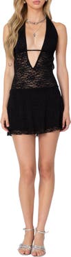 EDIKTED Danny Lace Plunge Neck Halter Minidress