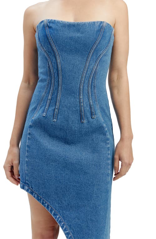 Bardot Amory Strapless Asymmetric Hem Corset Denim Dress In Vintage Blue