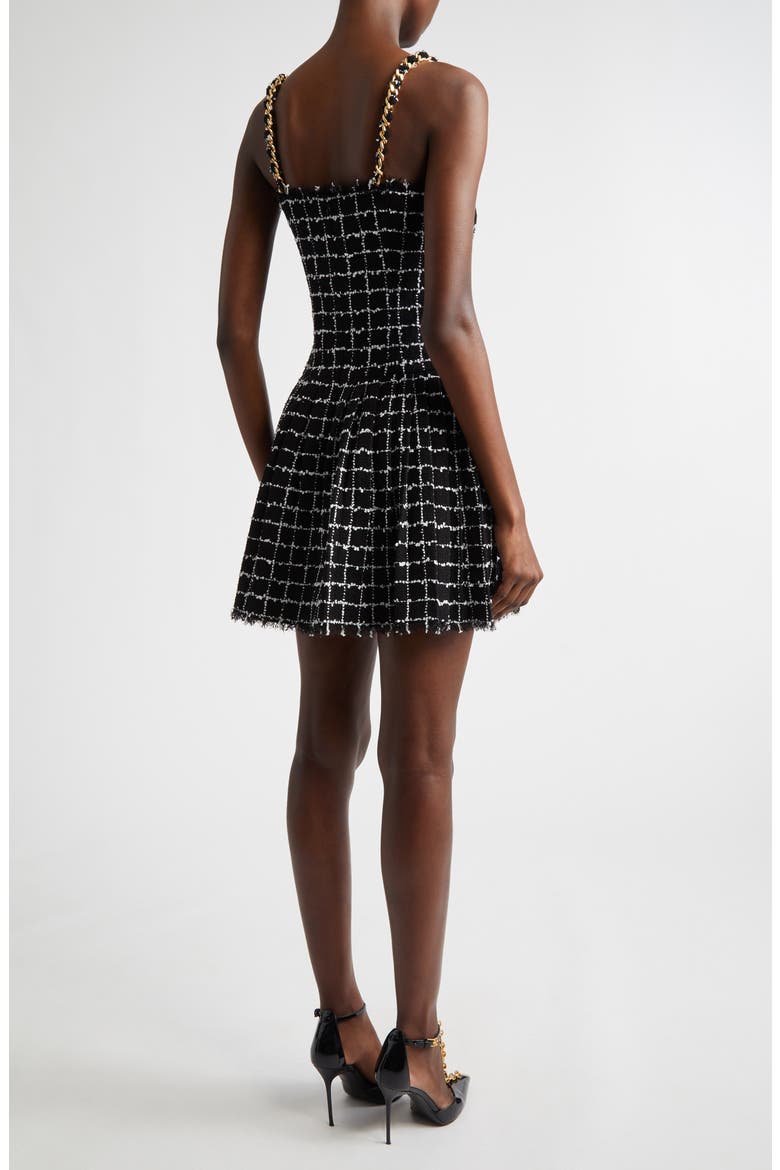 Chain Strap Check Tweed Fit & Flare Minidress, Alternate, color, EAB BLK/ WHITE