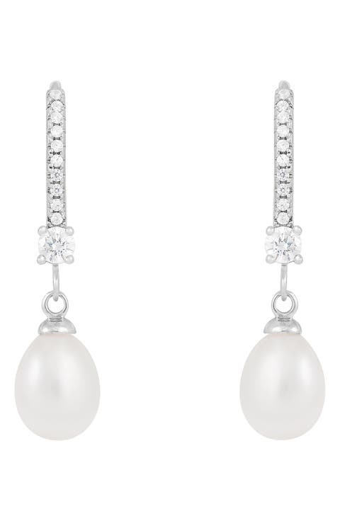 7-8mm Freshwater Pearl & CZ Drop Earrings