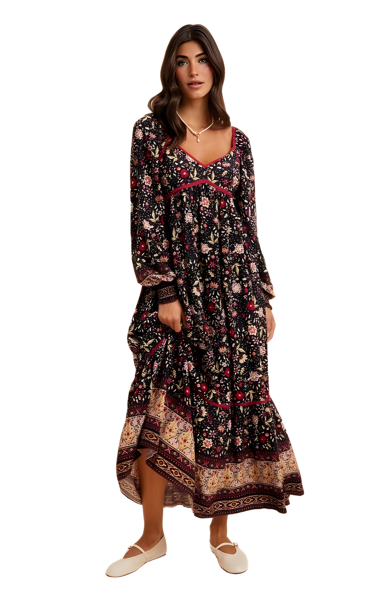 Knit and Lounge Boho Tiered Print Long Sleeve Midi Dress with Lace Trim, Alternate, color, Black Floral
