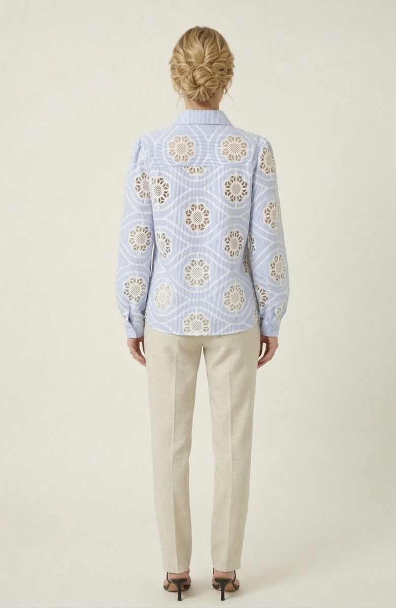 Modenaire Striped Eyelet Button Down Shirt, Alternate, color, Light Blue / White