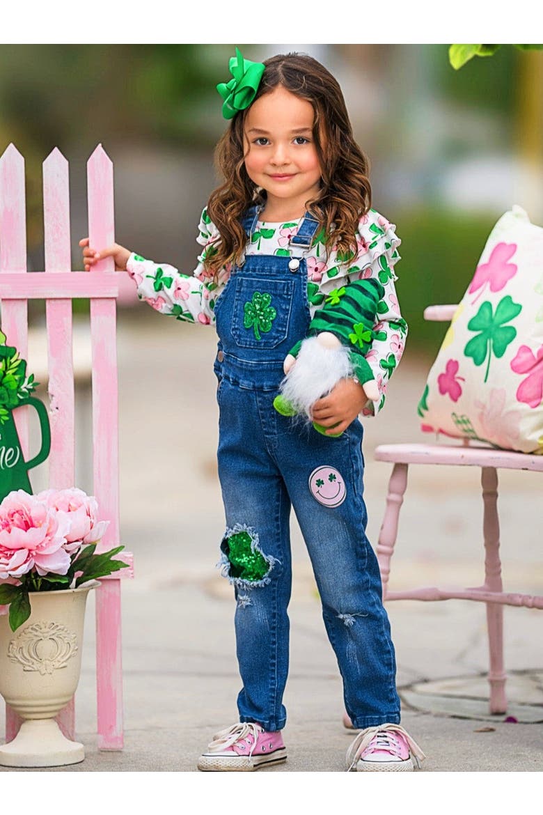 Sparkling In Style Sequin Patched Denim Overall Set, Alternate, color, Denim