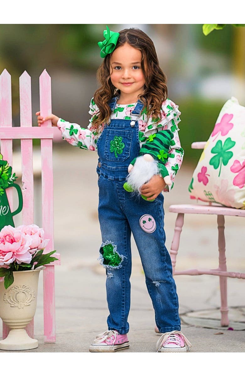 Mia Belle Girls Sparkling In Style Sequin Patched Denim Overall Set, Alternate, color, Denim