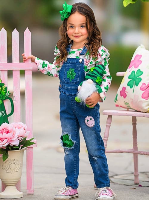 Mia Belle Girls Sparkling In Style Sequin Patched Denim Overall Set In Blue