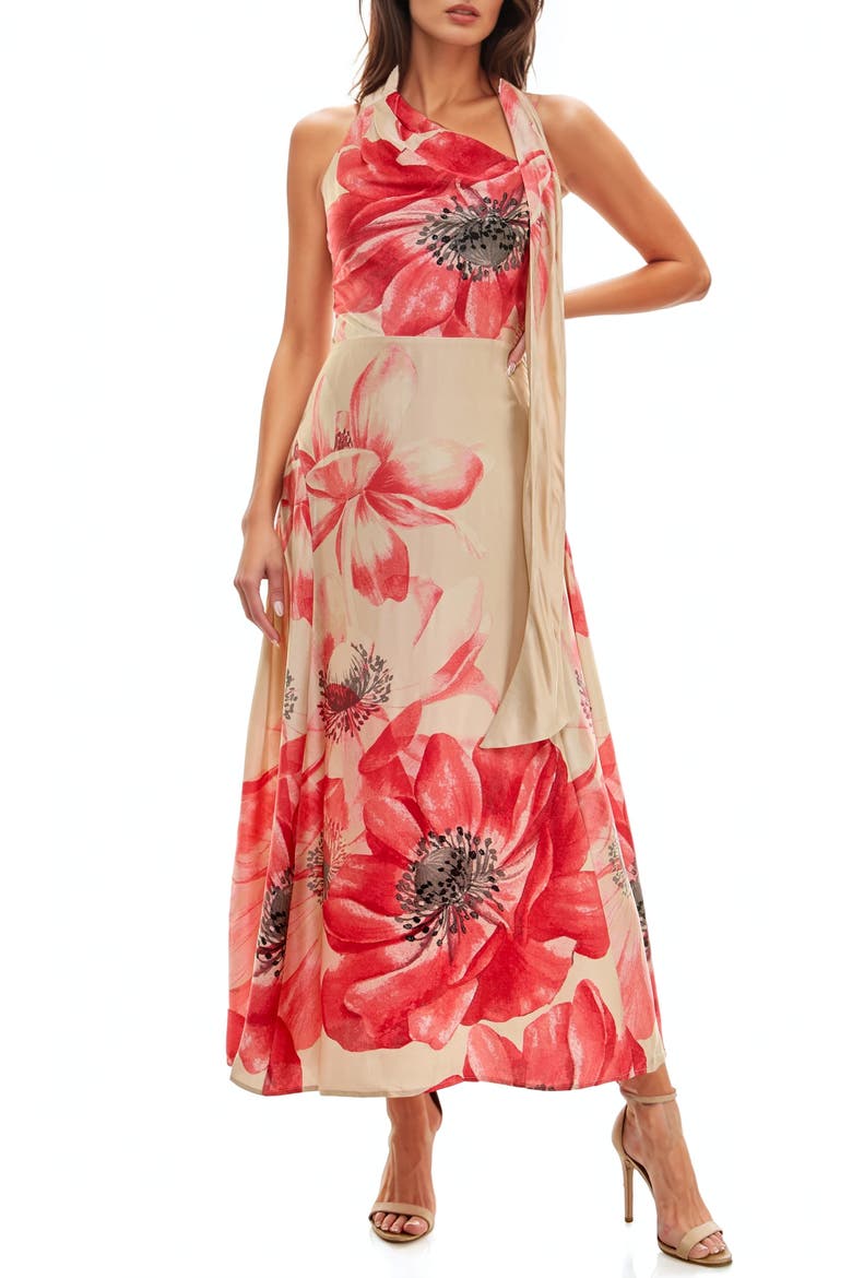 Drape Satin Cocktail Maxi Dress, Main, color, PEACH/ CORAL