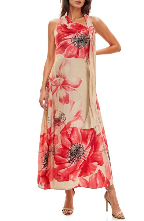 Socialite Drape Satin Cocktail Maxi Dress In Multi