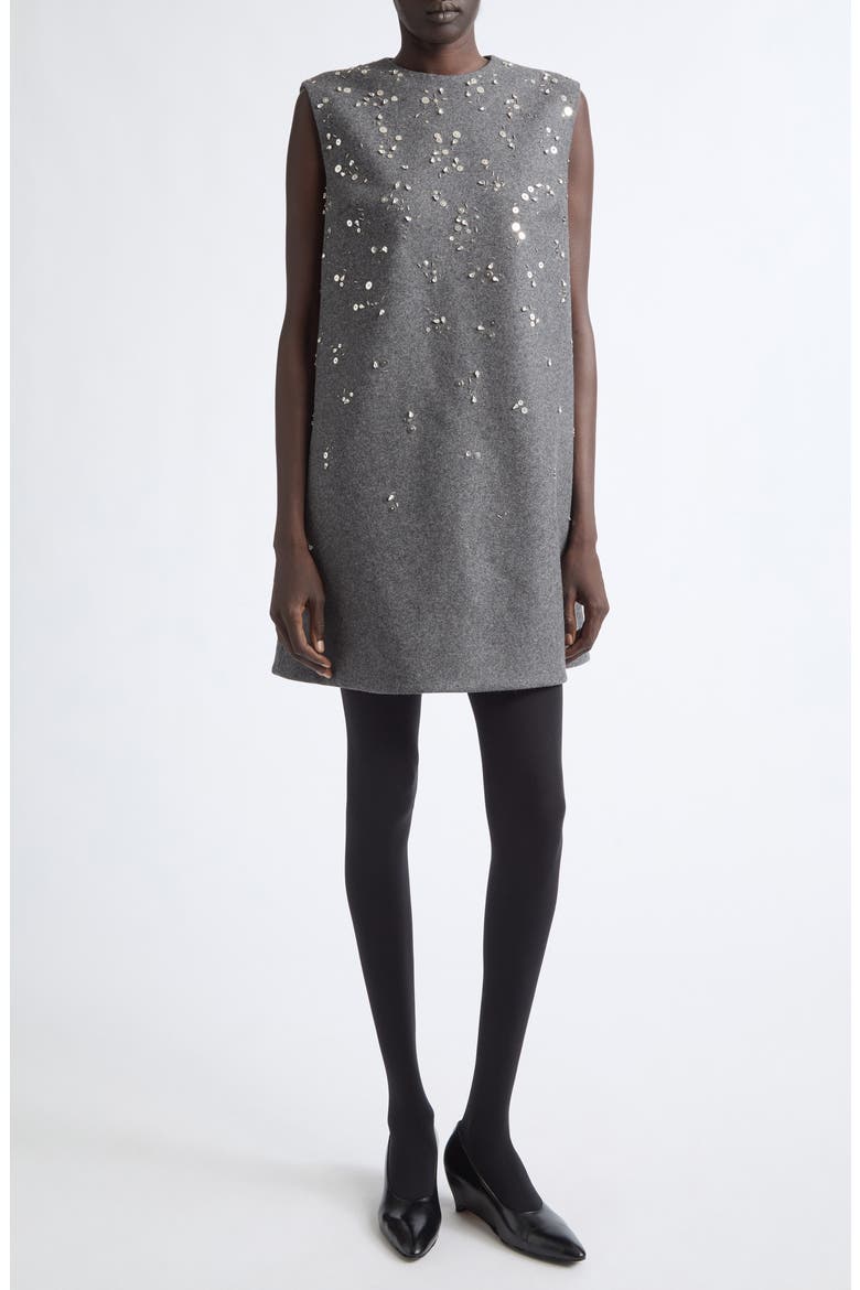 Beaded Sleeveless Wool Shift Minidress, Main, color, LAVA STONE