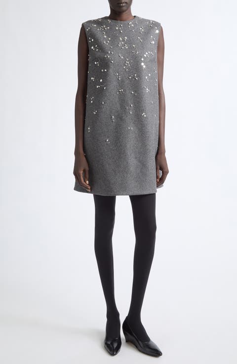 Beaded Sleeveless Wool Shift Minidress