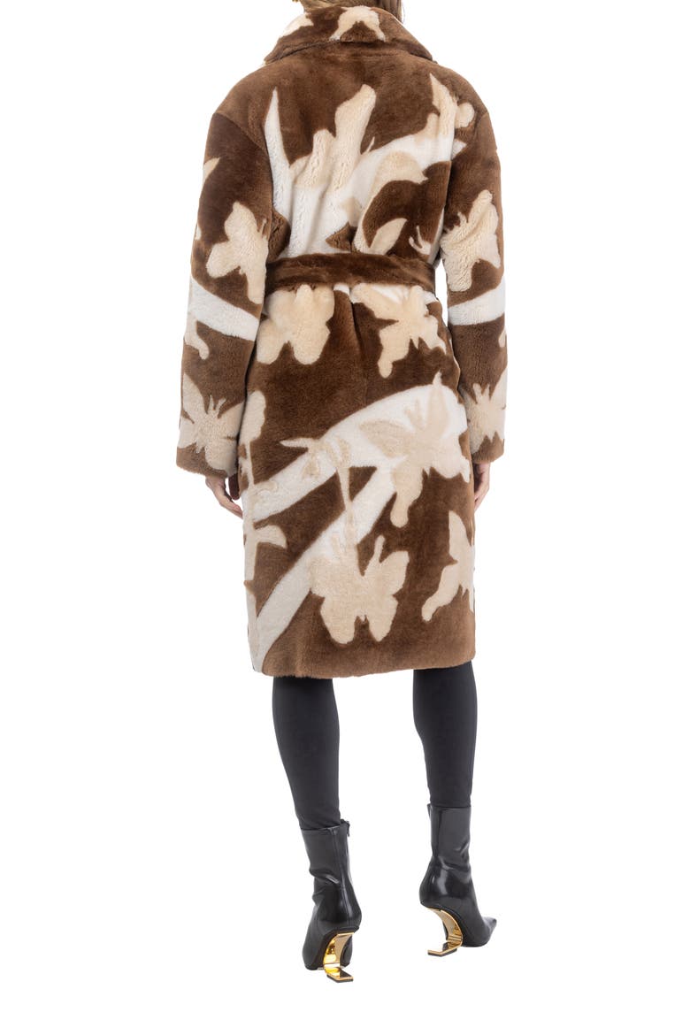 Reversible Genuine Shearling Coat with Butterfly Intarsia, Belt, Alternate, color, Chestnut/Palomino/Cream