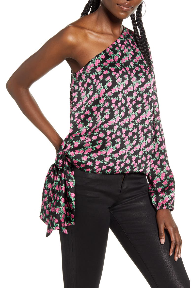 Wren Rose Print One-Shoulder Satin Blouse, Main, color, BLACK MINI ROSES