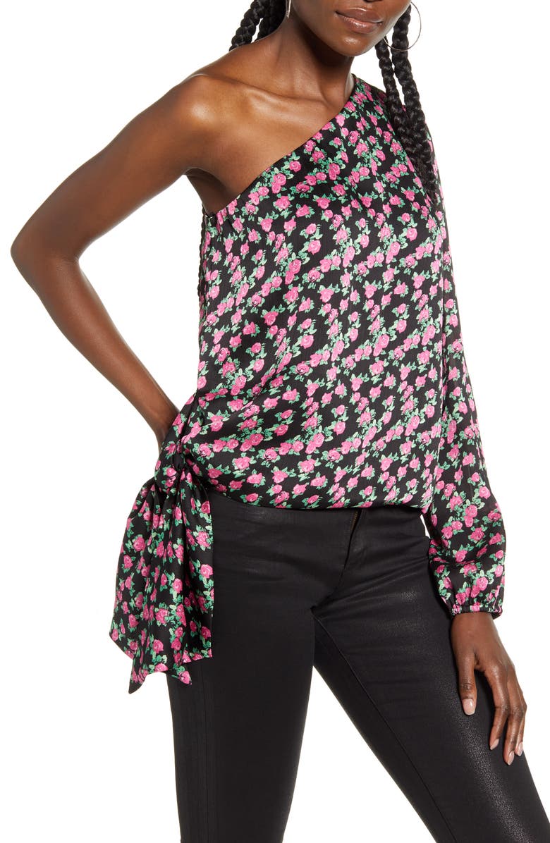 WAYF Wren Rose Print One-Shoulder Satin Blouse, Main, color, 