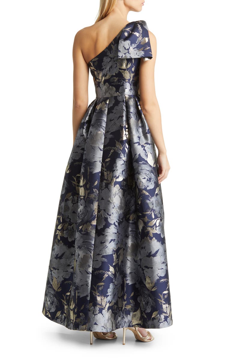 Eliza J Metallic Floral Asymmetric Gown, Alternate, color,