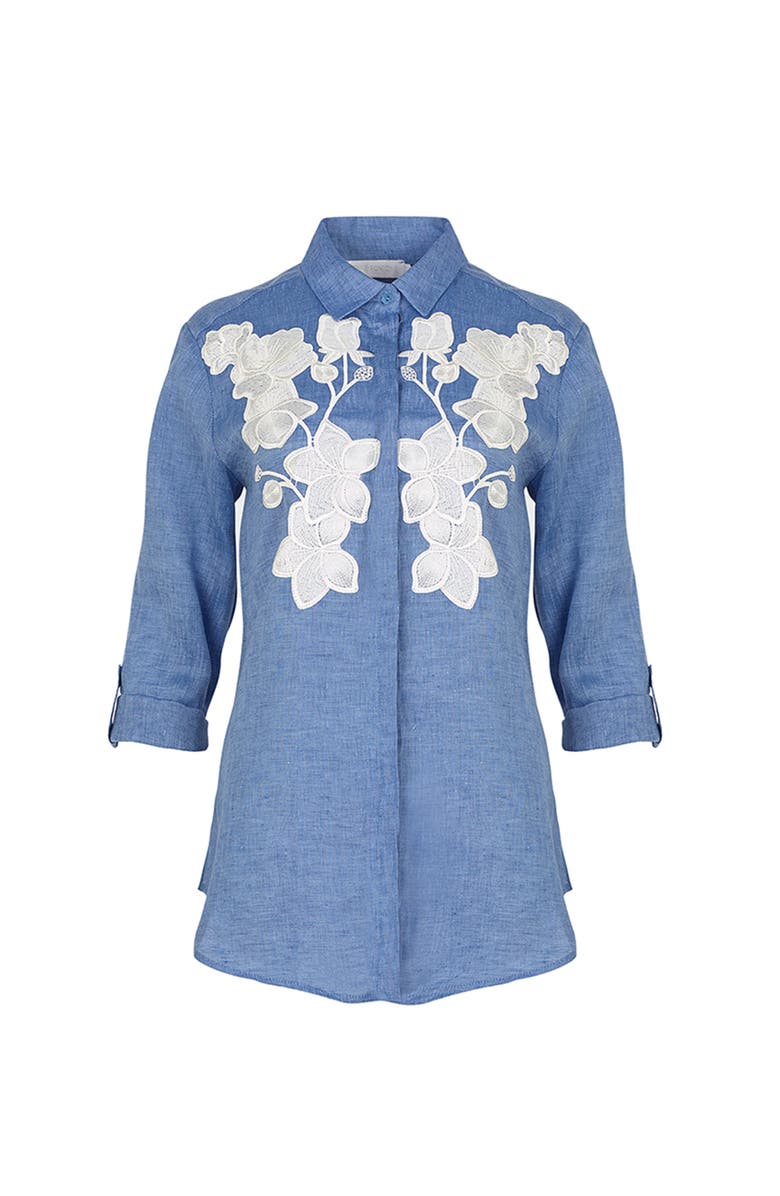 Anne Fontaine Women's Shirt  Citron Blue Linen Shirt With White Floral Applique, Alternate, color, Denim Blue