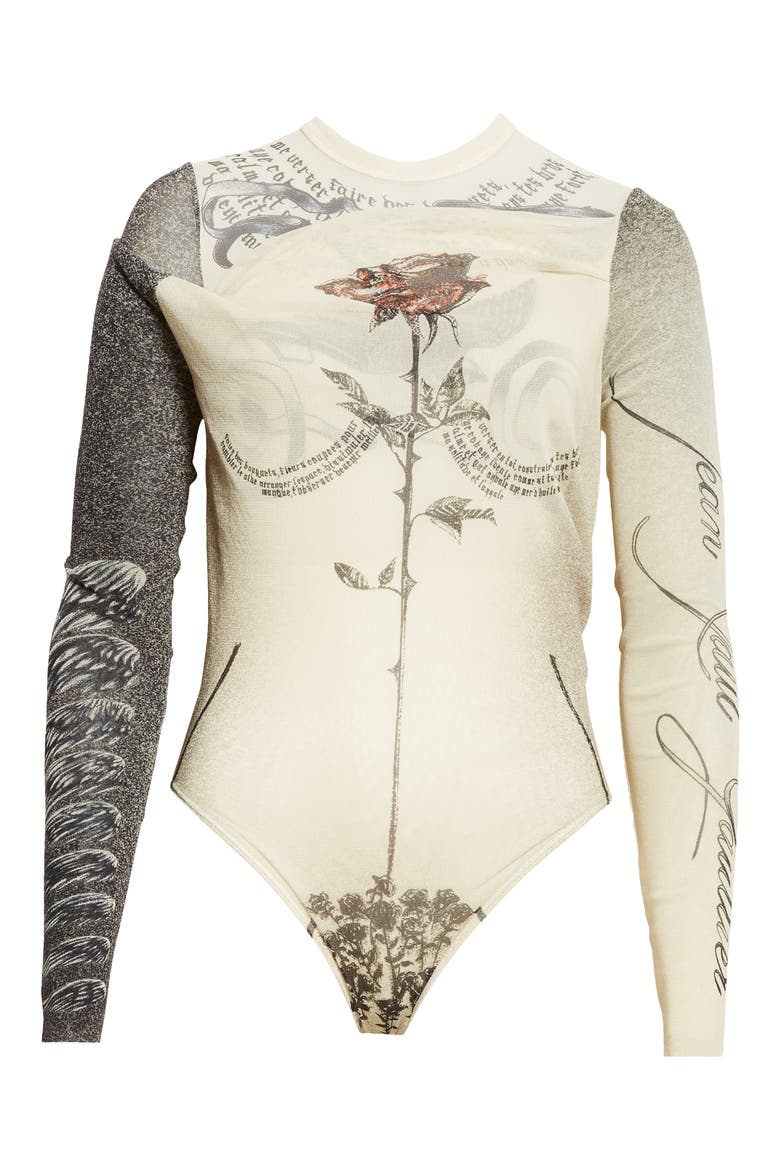Tattoo Print Cutout Double Layer Mesh Thong Bodysuit (Women) | Nordstrom