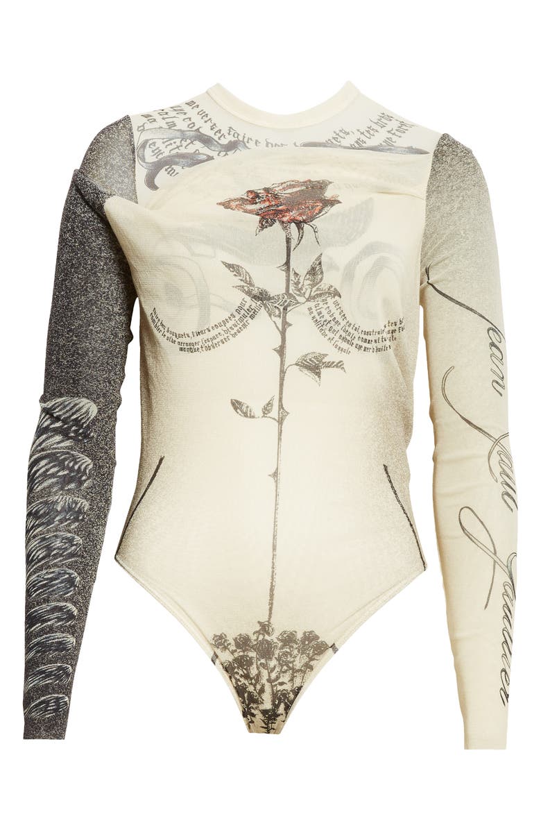 Jean Paul Gaultier Tattoo Print Cutout Double Layer Mesh Thong Bodysuit, Alternate, color, 