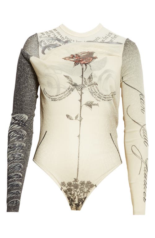 Jean Paul Gaultier Tattoo Print Cutout Double Layer Mesh Thong Bodysuit In Ecru/black/red