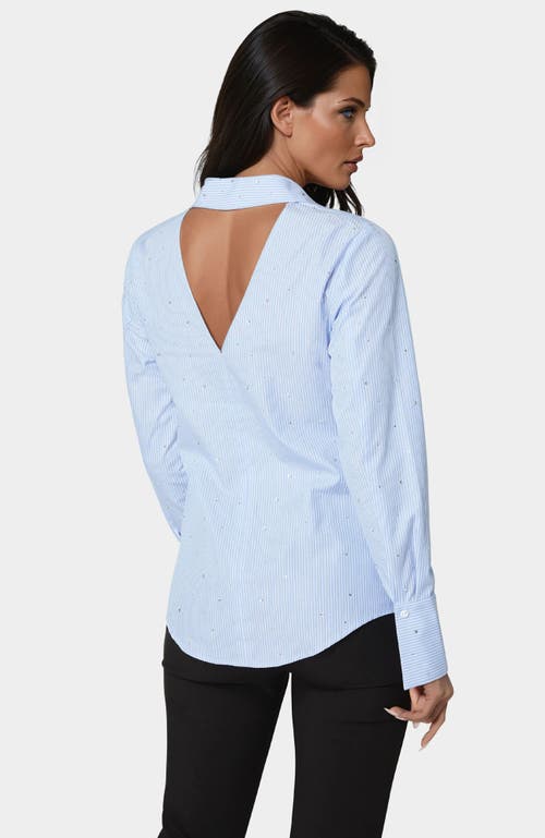 Bebe Cutout Rhinestone Poplin Blouse In Blue
