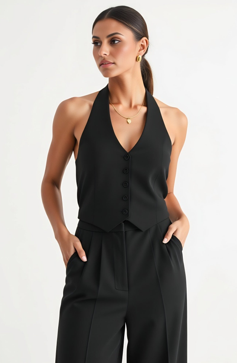 Modenaire Button-Detail Halter Vest and Wide-Leg Pocket Pants Set, Alternate, color, Black