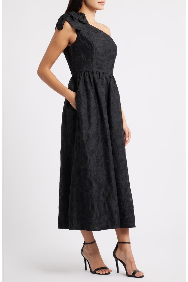 Lynsi Rosette One Shoulder Midi Dress, Alternate, color, NOIR SUNSET BLOOM