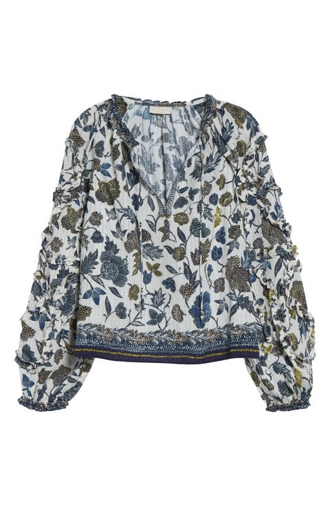 Azrou Floral Ruffle Split Neck Peasant Top