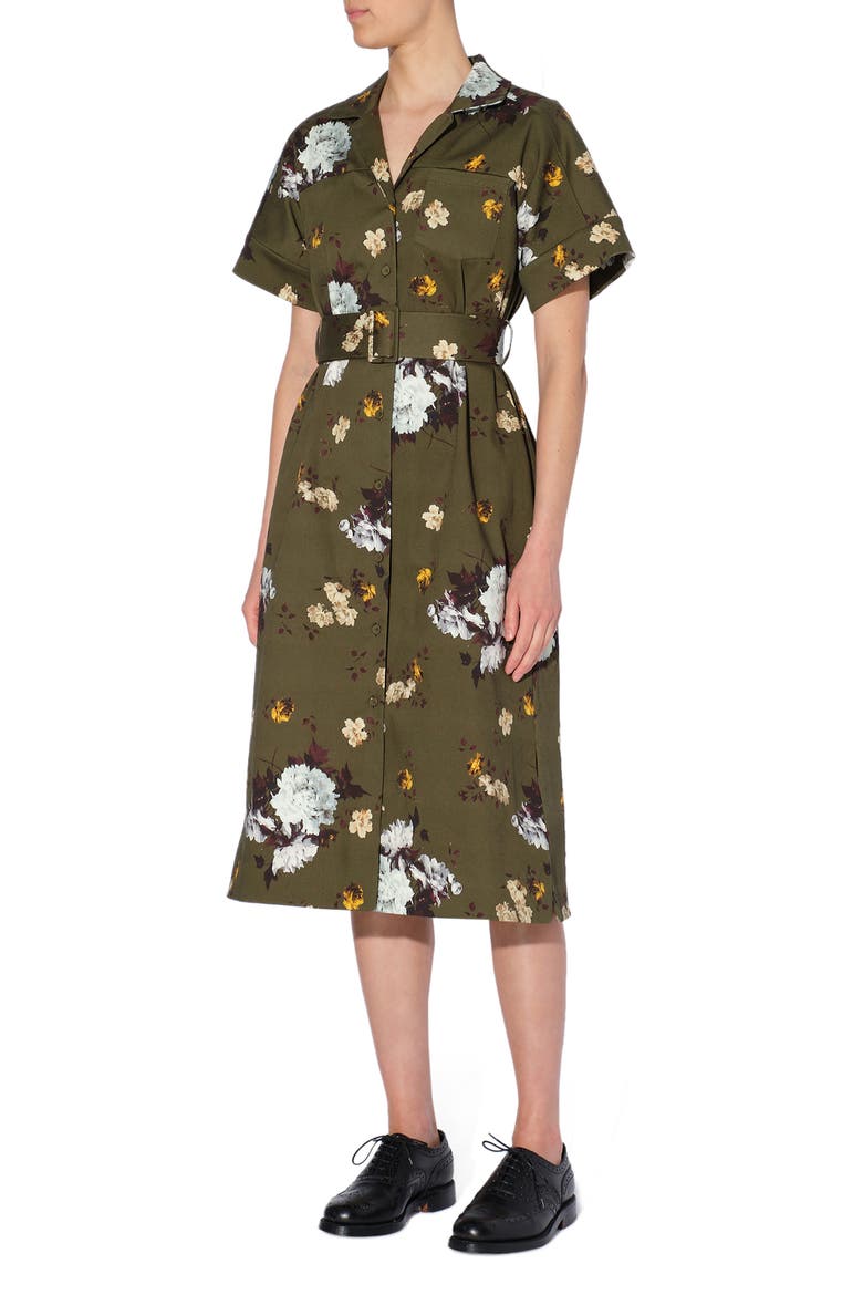 Mayra Sitwell Bloom Floral Print Stretch Cotton Midi Shirtdress, Main, color, OLIVE / BLUE