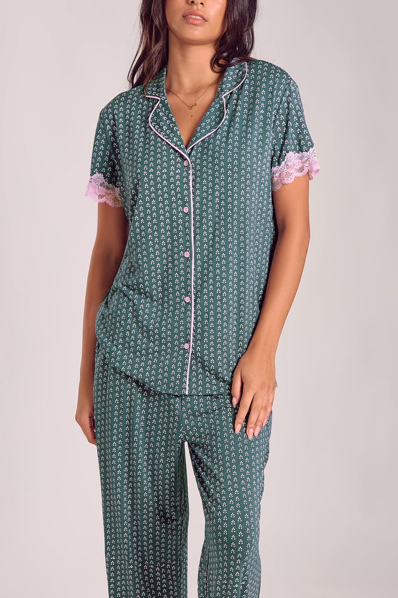 Viscose Lace-Trim Pajama Set with Cropped Pants, Main, color, Green-Pink