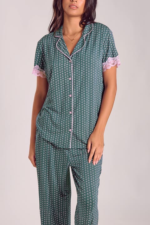 Viscose Lace-Trim Pajama Set with Cropped Pants