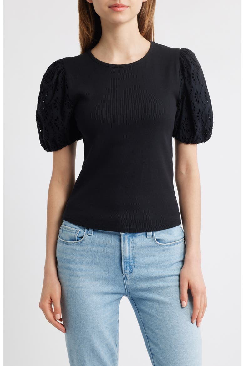 Marina Eyelet Puff Sleeve T-Shirt, Main, color, BLACK
