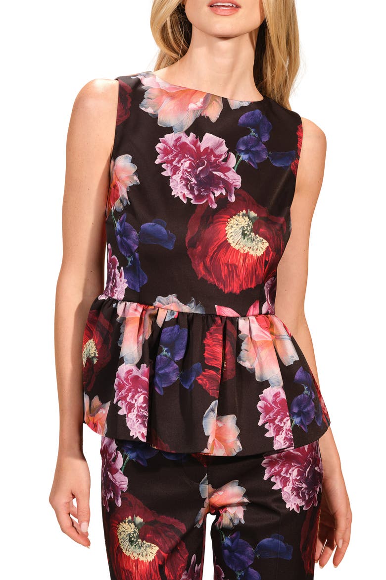 Satin Peplum Top, Main, color, FLEUR NOCTURNE