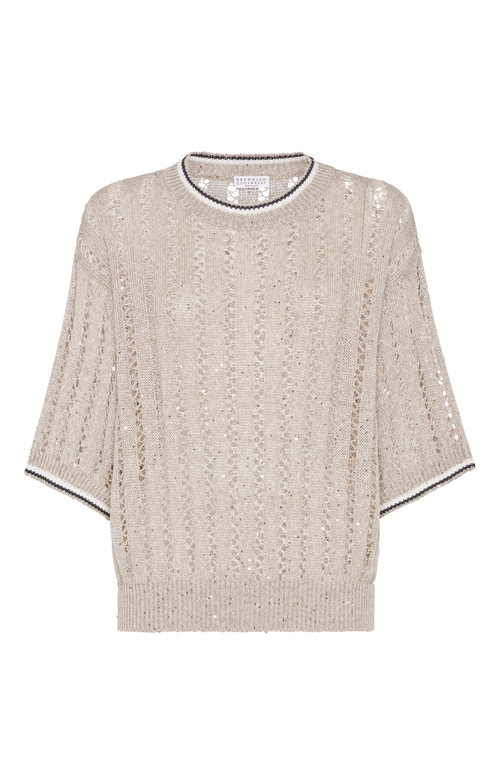 Brunello Cucinelli Sequined Open-knit Linen-blend Top In Cool Beige