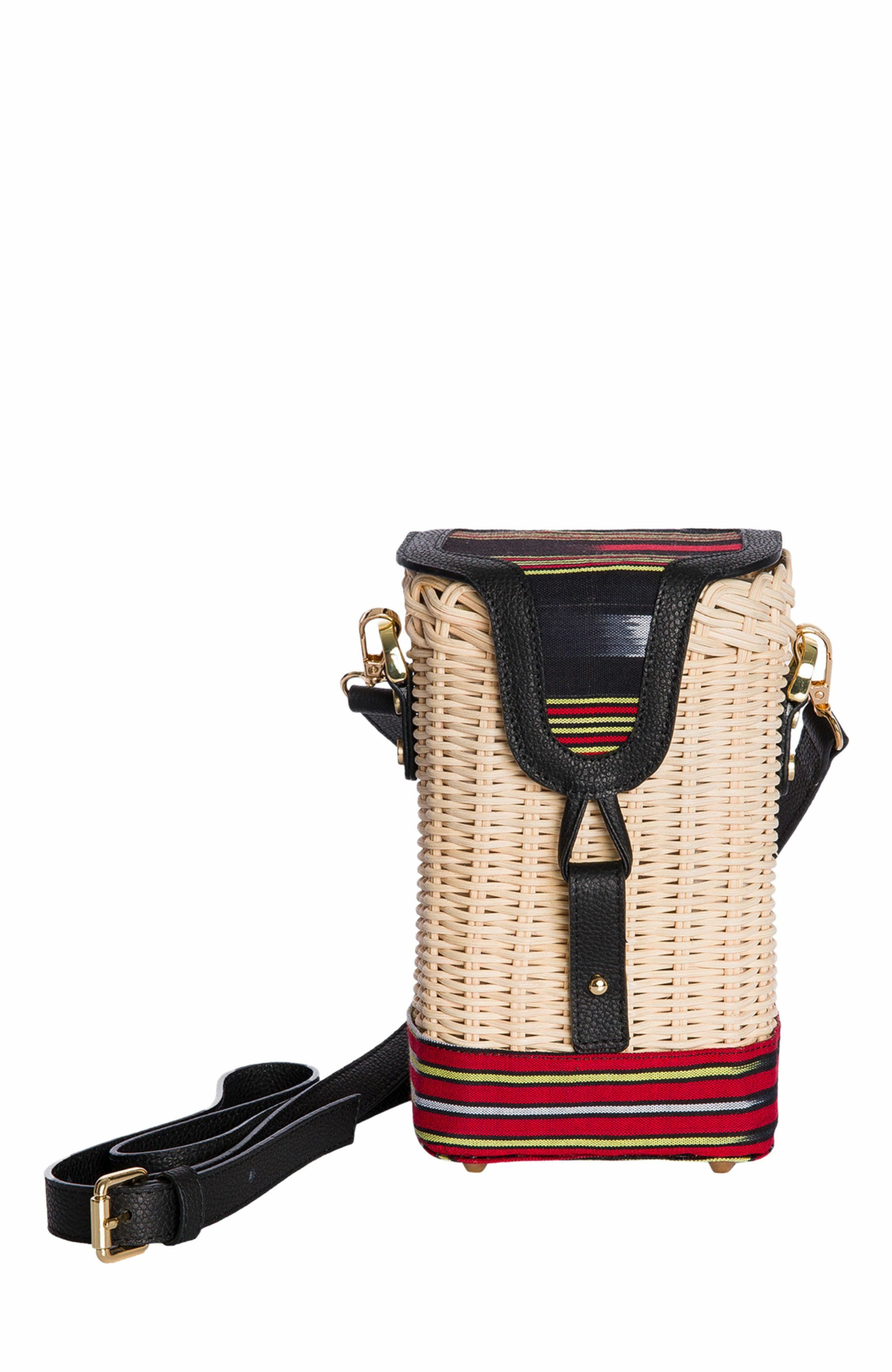 K'ai & Vrosi Leather & Woven Straw Crossbody Bag, Main, color, Black